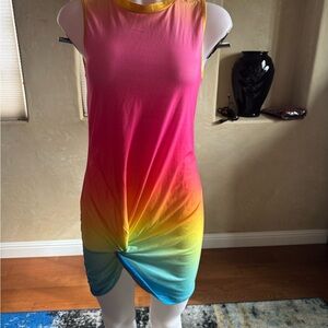 Shein Neon Pink Rainbow Sleeveless Short Mini Beach T-Shirt Dress Sz S